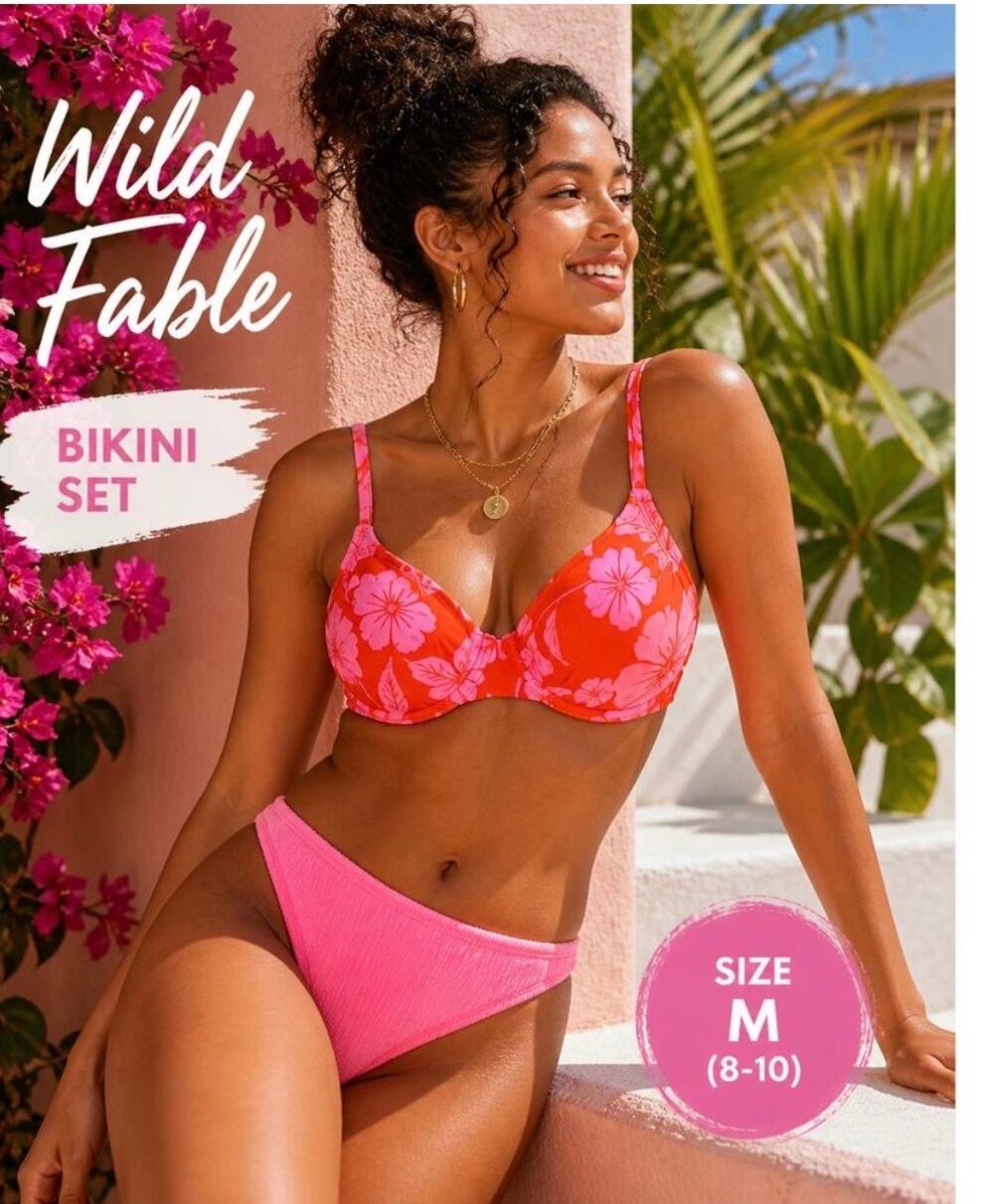 Wild Fable Pink Floral Bikini Set NWT Medium Textured High Cut Swimwear
